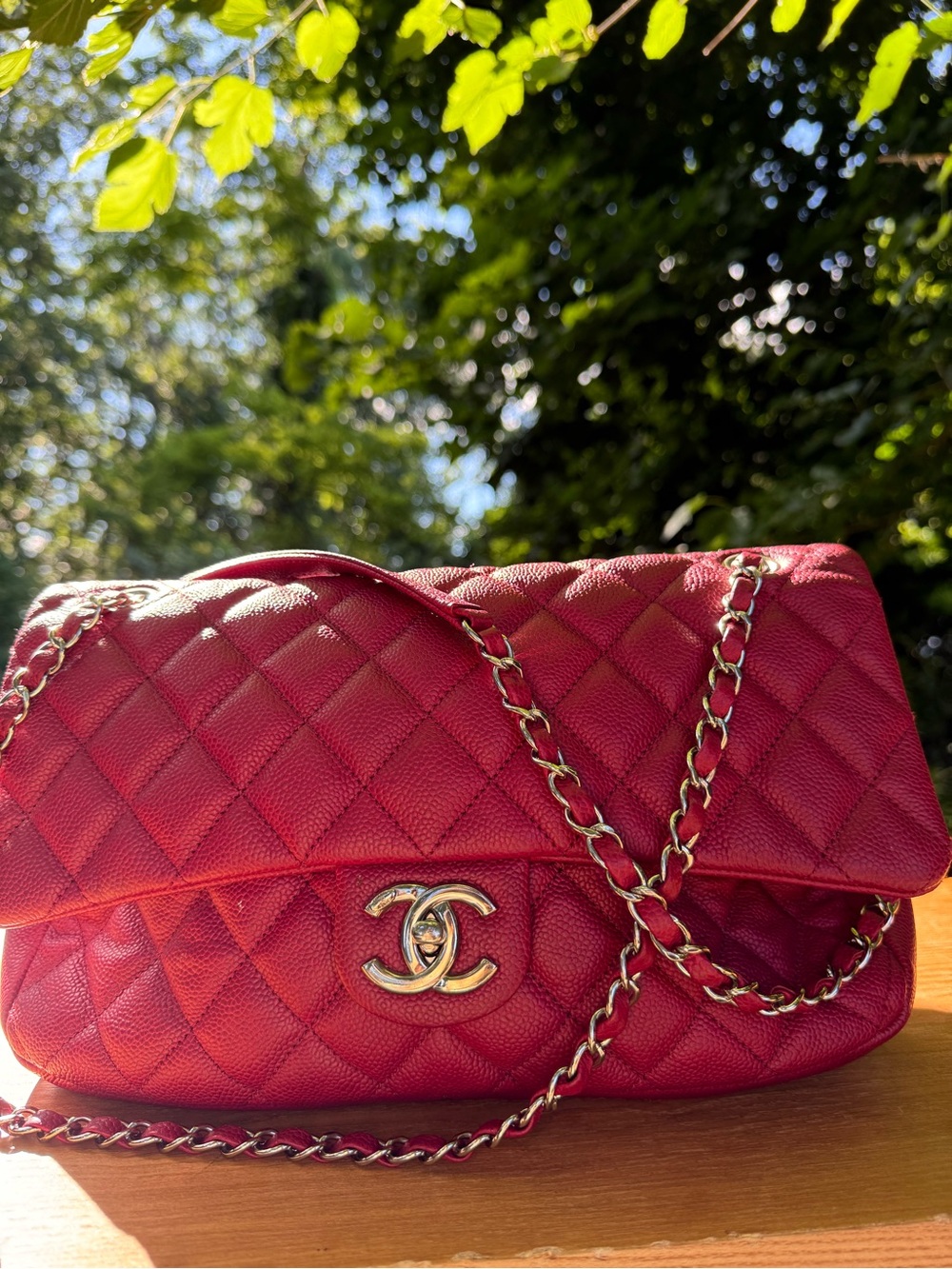 CHANEL Magenta Quilted Shoulder Bag with Silver Chain